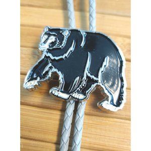 2" Enamel Black Grizzly Bear ADM Bolo Tie 18" Gray Braided Faux Leather? Cord
